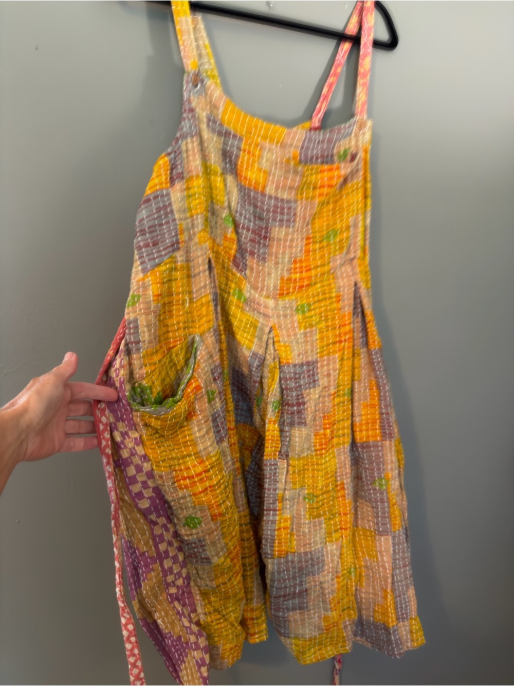 Yellow Patchwork Cotton Sundress Jumpsuit with Pockets